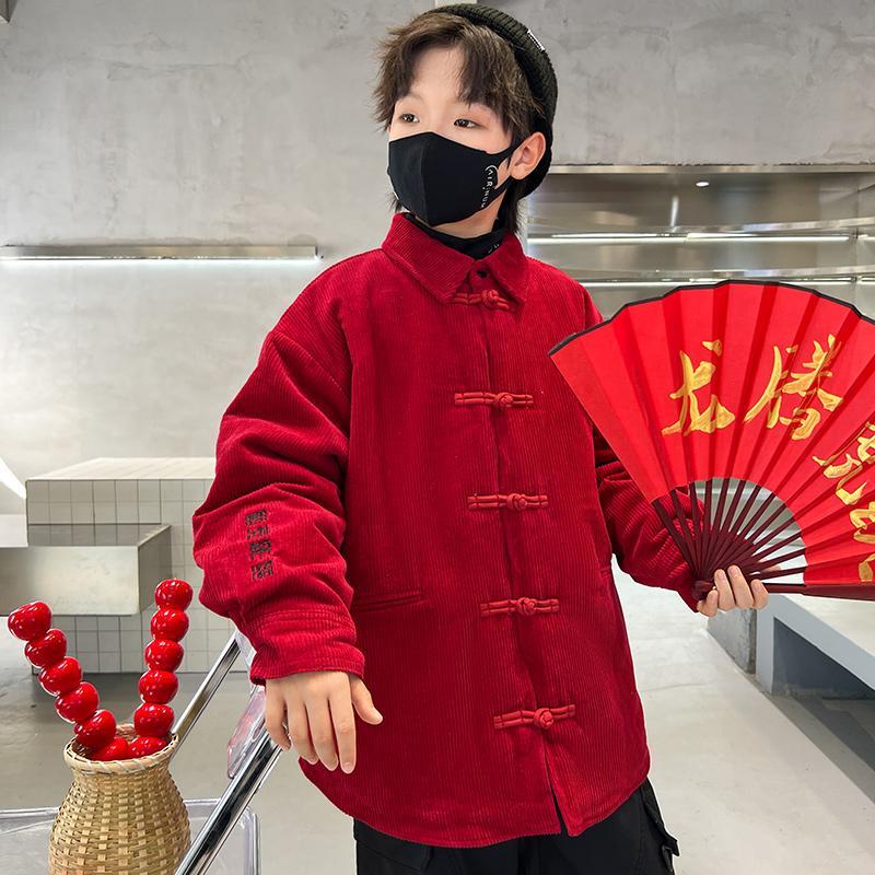 男童拜年服外套冬季棉衣2024新款大儿童龙年汉服红色新年衣服唐装