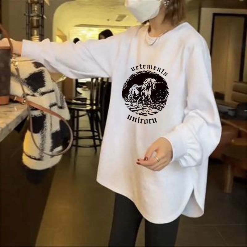 弧形下擺中長款長袖t恤女白色圓領上衣德絨加厚打底衫秋冬季內搭