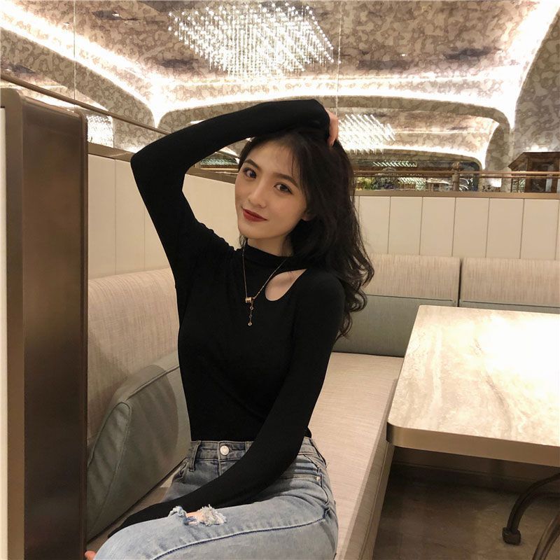 美拉德半高領打底衫女長袖2023新款秋冬鏤空設計洋氣純欲上