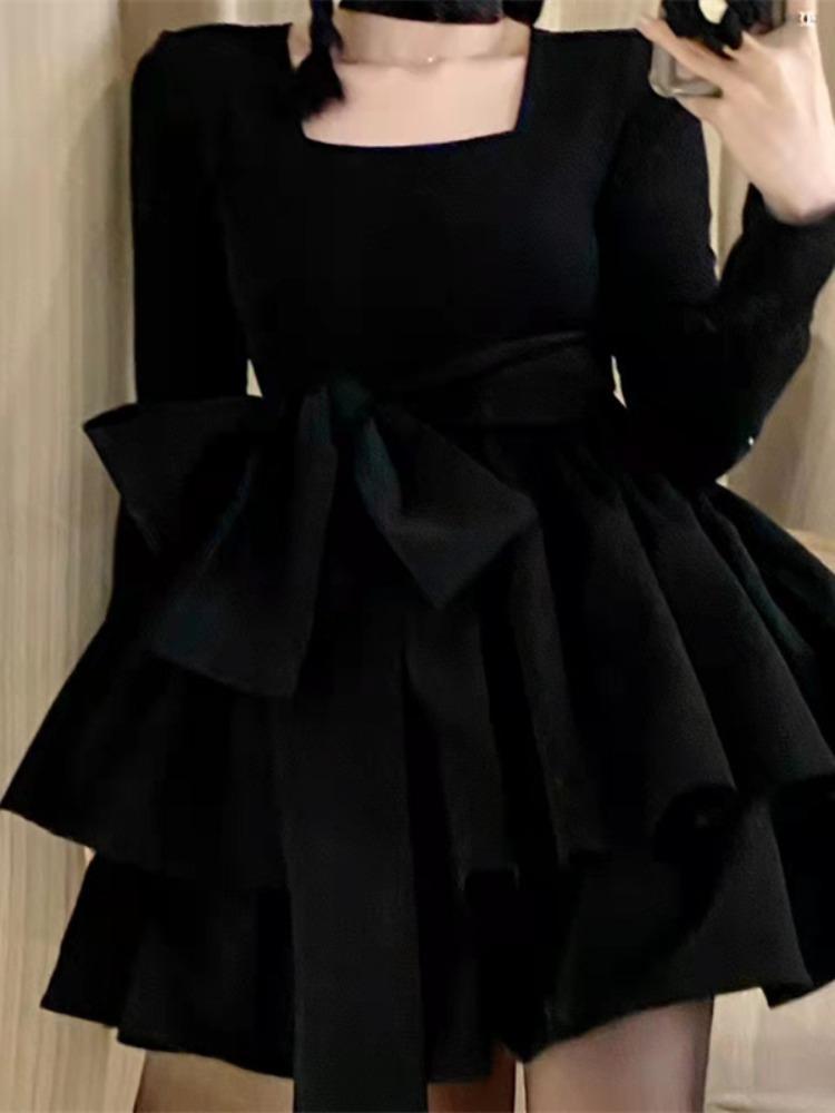 小个子小黑裙年秋冬季新款小香风女装裙子绑带气质小众连衣裙
