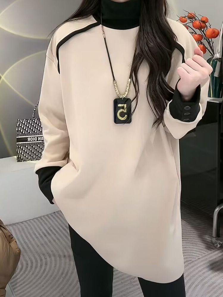 半高領加厚德絨保暖打底衫T恤女內搭秋冬寬鬆顯瘦大碼中長款上衣