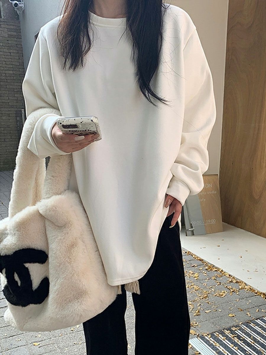 t恤白色打底衫女冬季加絨加厚寬鬆大版慵懶風內搭長袖上衣服