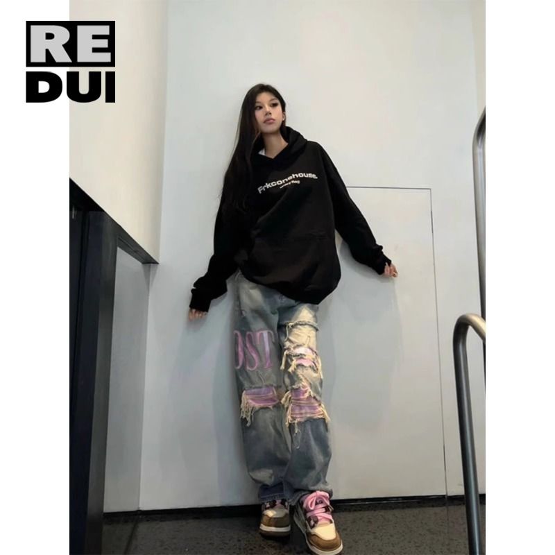 美式復古vibe破洞牛仔褲寬鬆直筒小眾設計感辣妹千禧風y2k褲子潮