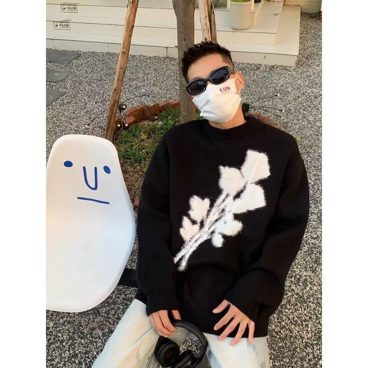 玫瑰花暗黑毛衣男女小眾軟糯秋冬慵懶寬鬆潮ins百搭打底衫針織衫