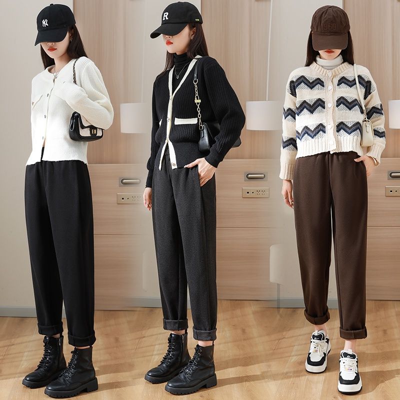 Fashionable temperament  autumn and winter woolen pants thickened high waist casual harem pants loose internet celebrity grandma carrot pants for women