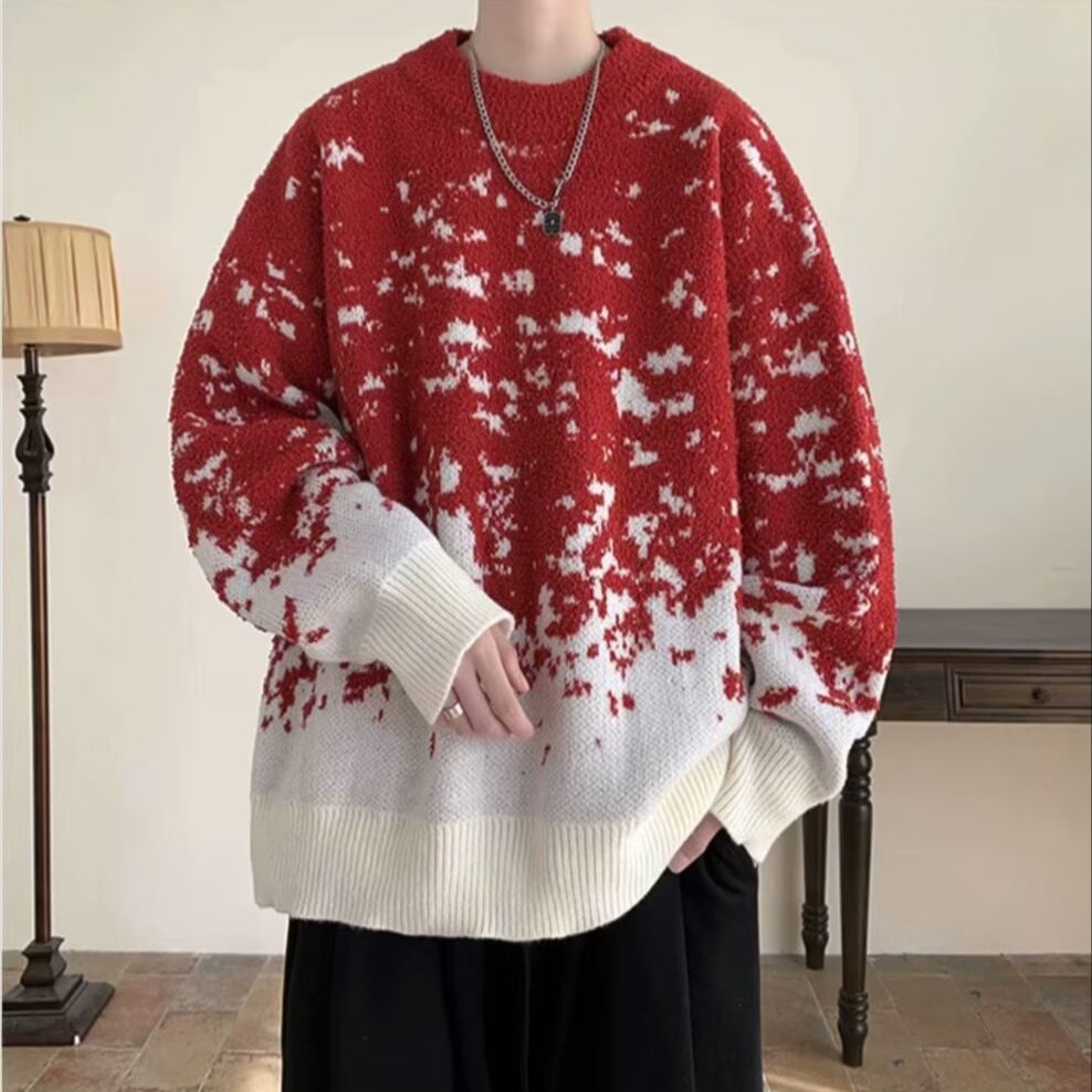 聖誕節拼色毛衣男女紅色過新年軟糯秋冬慵懶寬鬆潮ins百搭針織衫