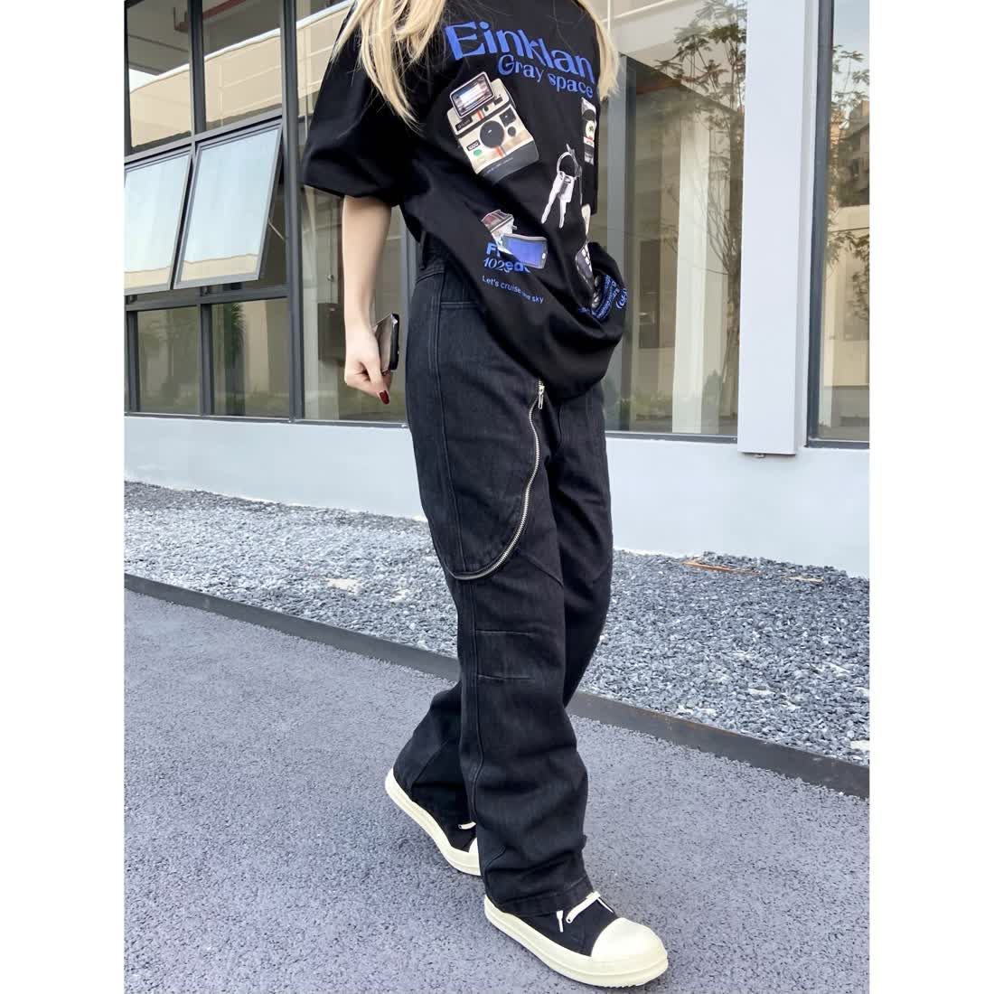 American high street vibe design scimitar side zipper loose denim trousers for men trendy brand handsome high-end trousers