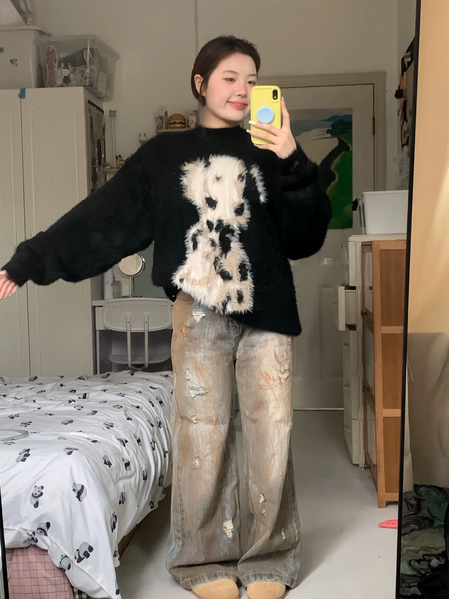黑色圓領軟糯毛衣女設計感小眾秋冬款寬鬆慵懶風加厚仿貂毛針織衫