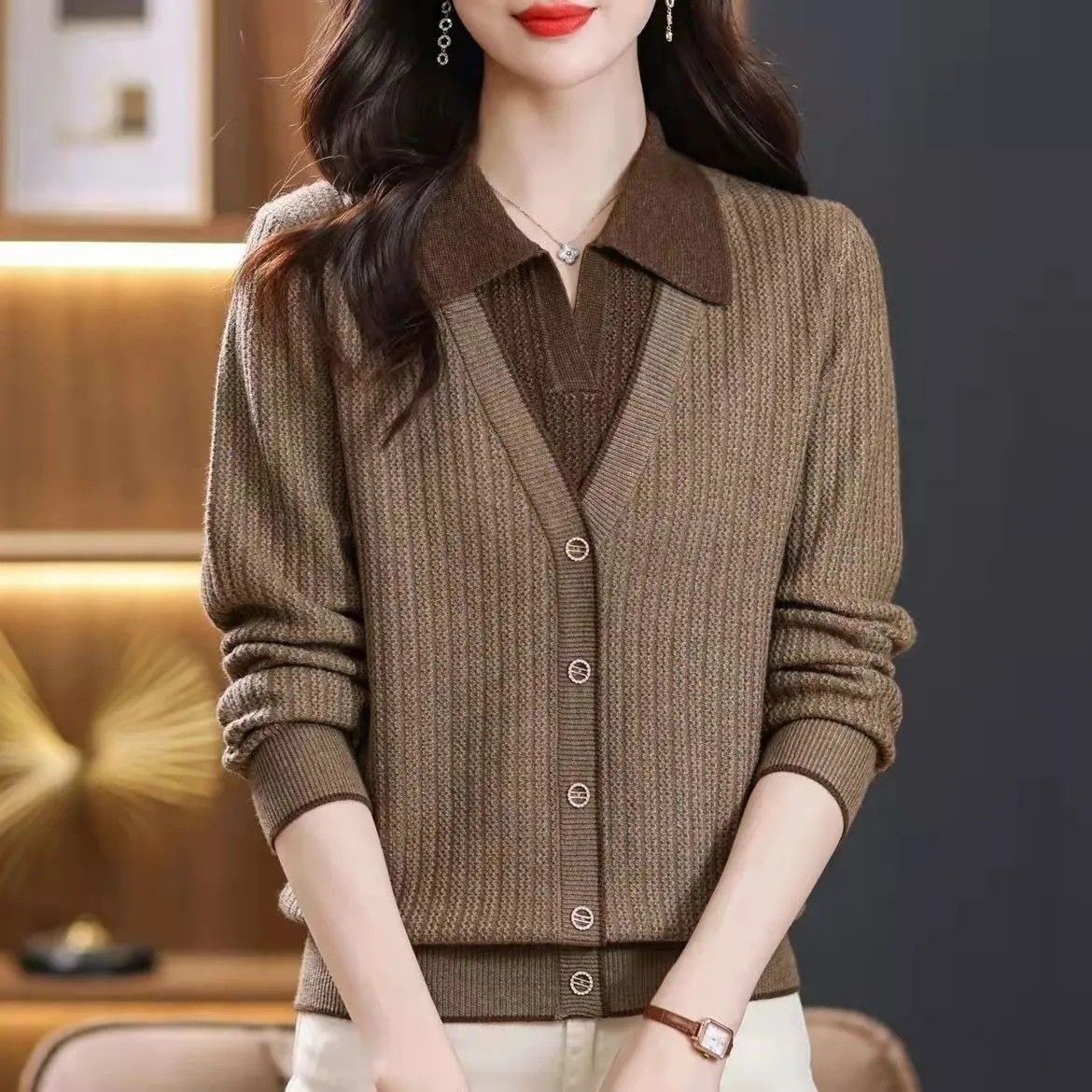 2023秋冬季新款翻領假兩件毛衣針織衫女洋氣寬鬆外穿打底衫上衣女