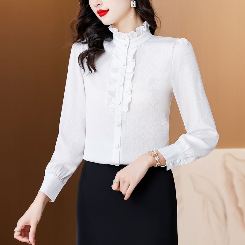 白色荷葉邊木耳邊設計感真絲襯衫女上衣高端氣質漂亮時尚洋氣減齡