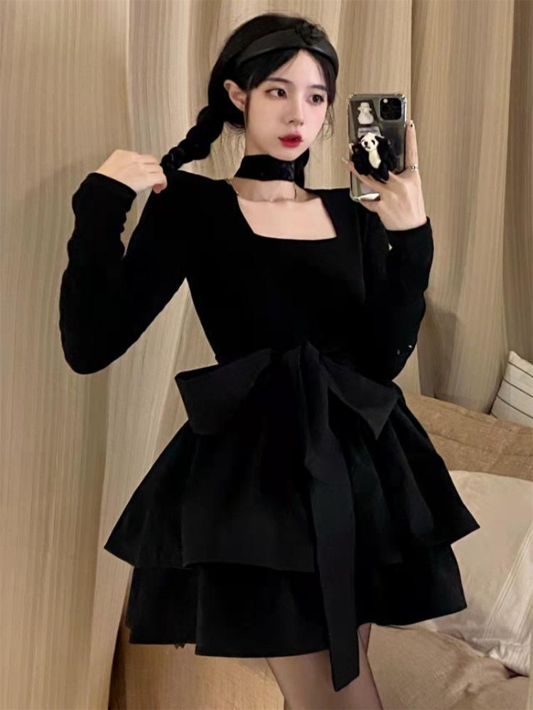 Small little black dress  autumn and winter new style small fragrant women's skirt strap temperament niche dress