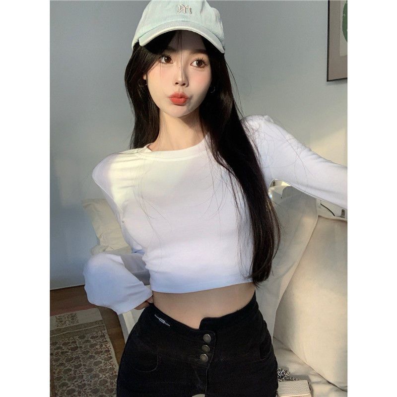 白色內搭打底衫女秋冬季修身顯瘦純色長袖T恤短款百搭正肩上衣潮