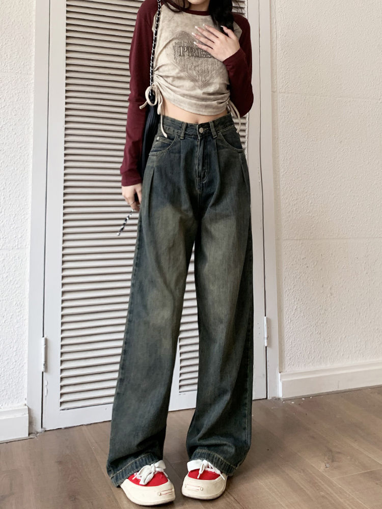 高個子175加長闊腿牛仔褲女春季ins新款美式復古寬鬆垂感拖地褲子