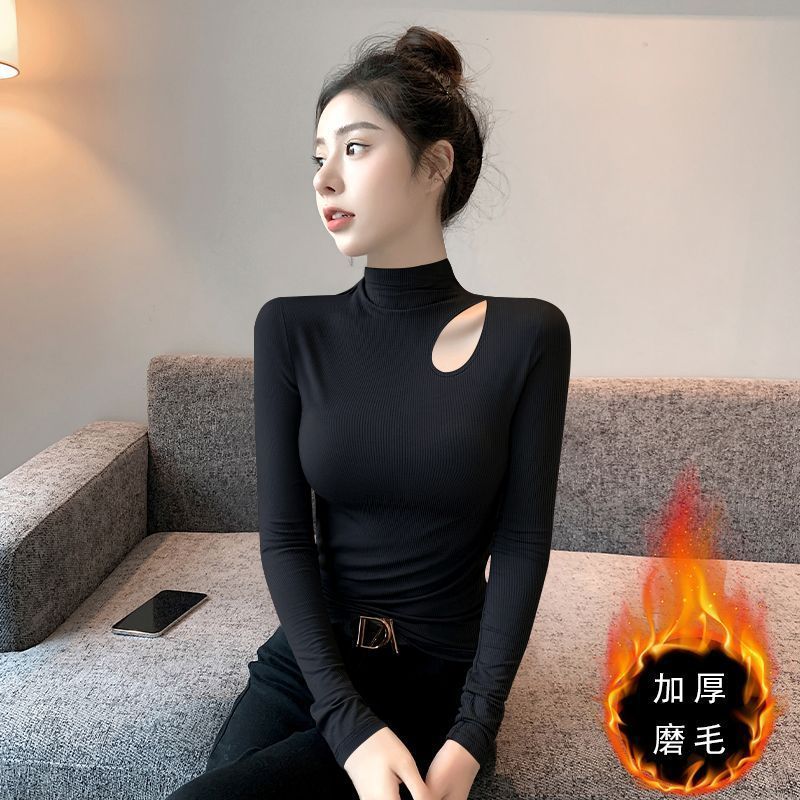 半高領左肩鏤空修身加絨長袖秋冬新款設計洋氣上衣正肩打底衫