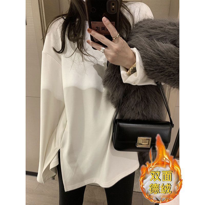 加厚雙面德絨開叉白色打底衫女加絨秋冬磨毛內搭純色寬鬆長袖T恤