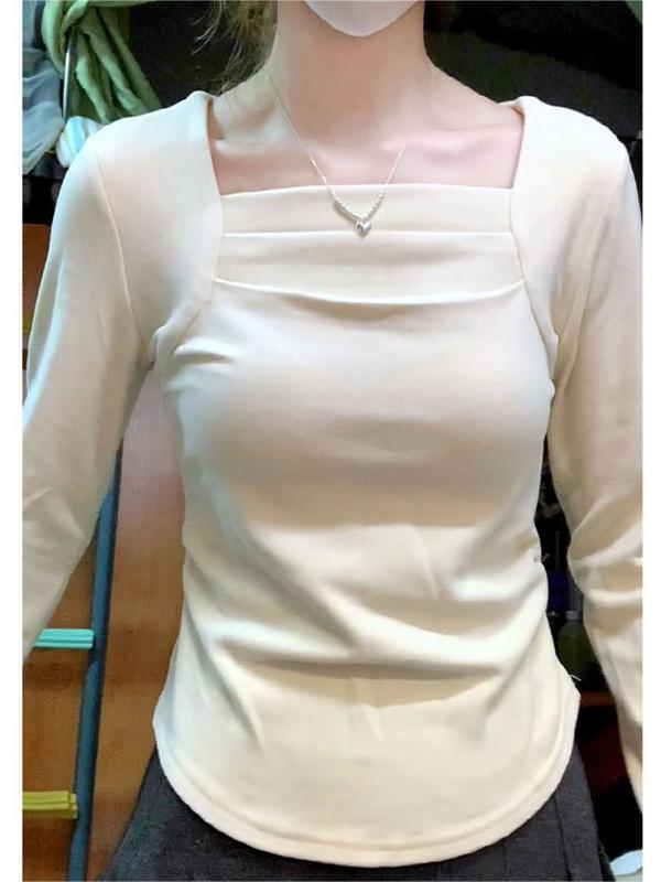 個性方領打底衫女2023新款秋冬內搭時尚甜美收腰修身顯瘦長袖上衣