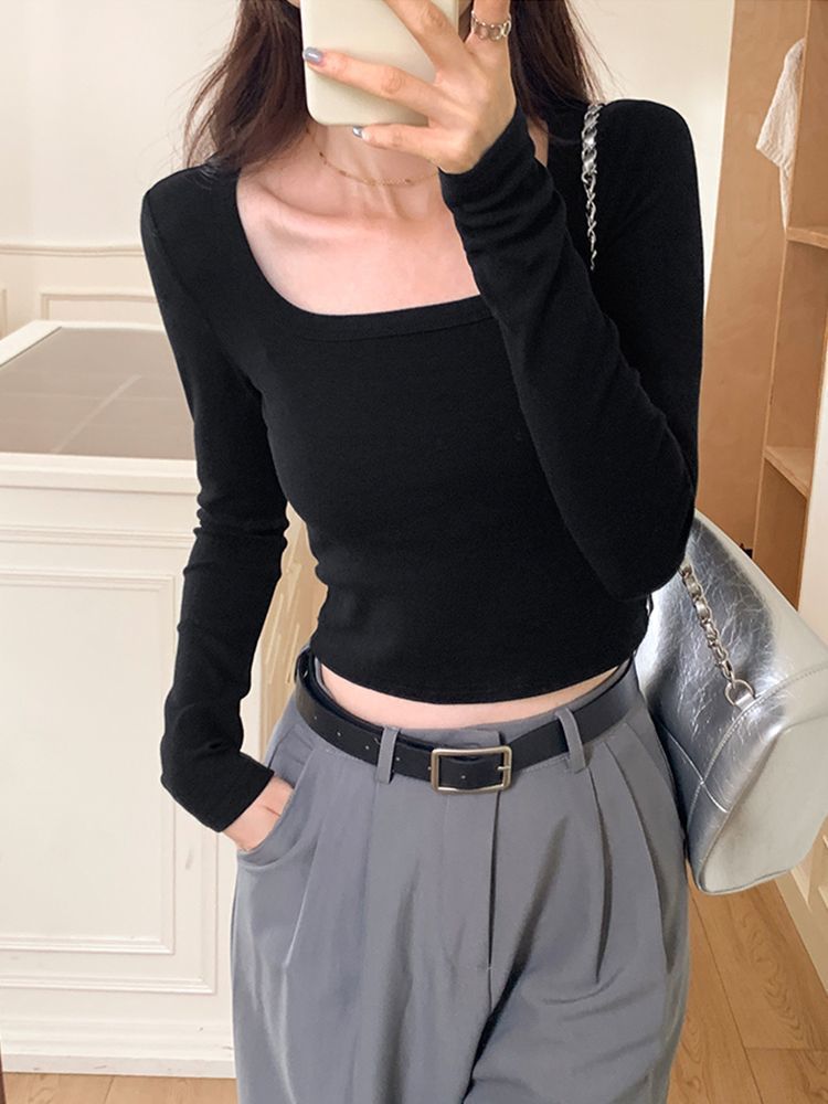 黑色高腰短款長袖打底衫t恤女秋冬新款修身內搭洋氣露臍上衣顯瘦
