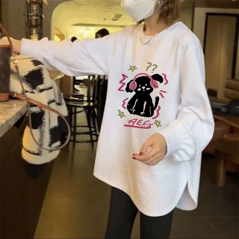 Heavyweight t-shirt white bottoming shirt for women in winter thickened loose large version lazy style inner wear with long sleeves