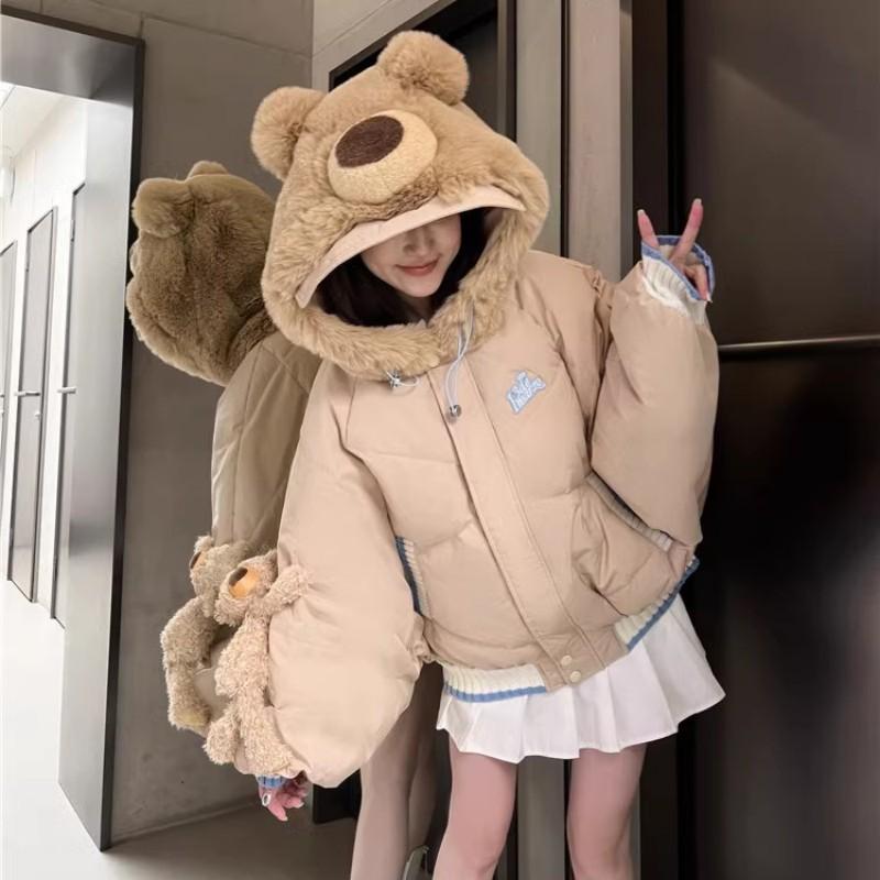 古力娜扎康康和爺爺同款羽絨服女小熊兔耳毛絨連帽蝙蝠袖保暖外套