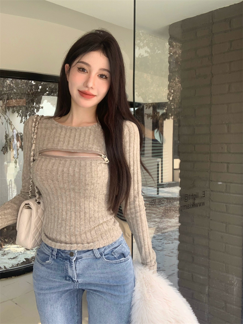 甜酷辣妹正肩拉鏈上衣外穿內搭女秋冬長袖絕美打底衫短款別致小衫