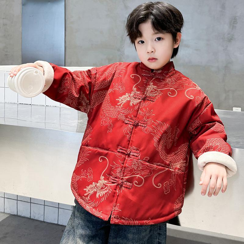 兒童裝男童冬裝加絨外套紅色2024新款男孩唐裝夾棉厚本命龍年衣服