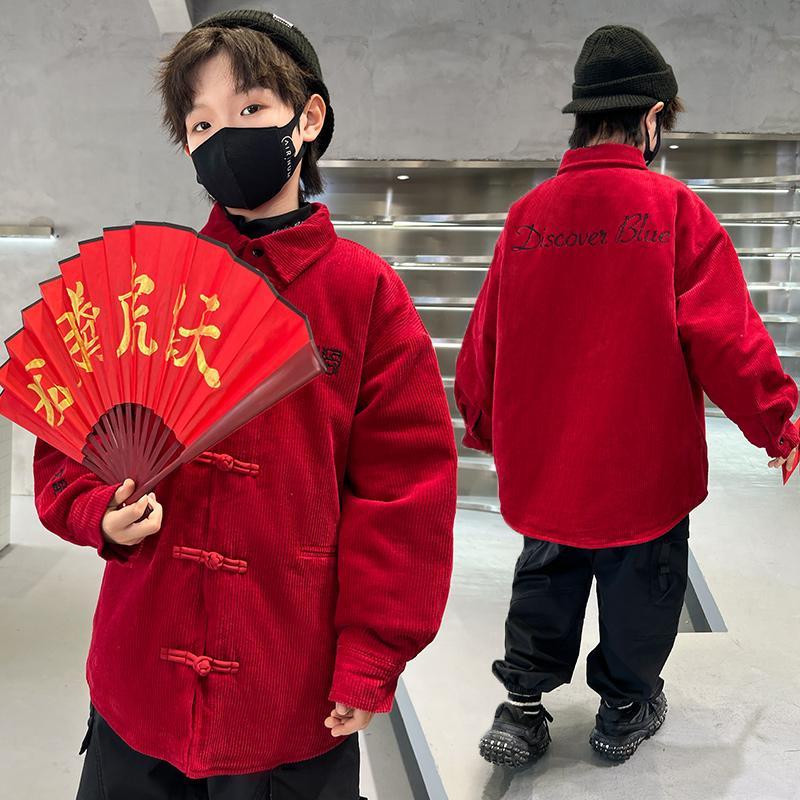 男童拜年服外套冬季棉衣2024新款大儿童龙年汉服红色新年衣服唐装