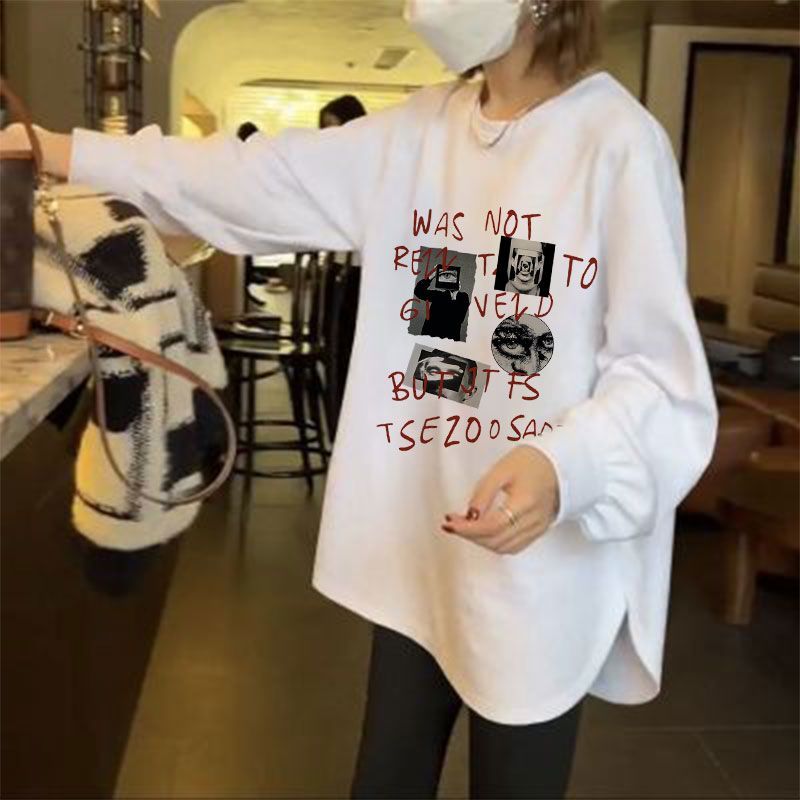 White loose velvet bottoming shirt for women in spring, autumn and winter plus velvet inner long-sleeved T-shirt design with slits and stacked tops