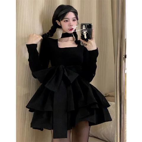 Small little black dress  autumn and winter new style small fragrant women's skirt strap temperament niche dress