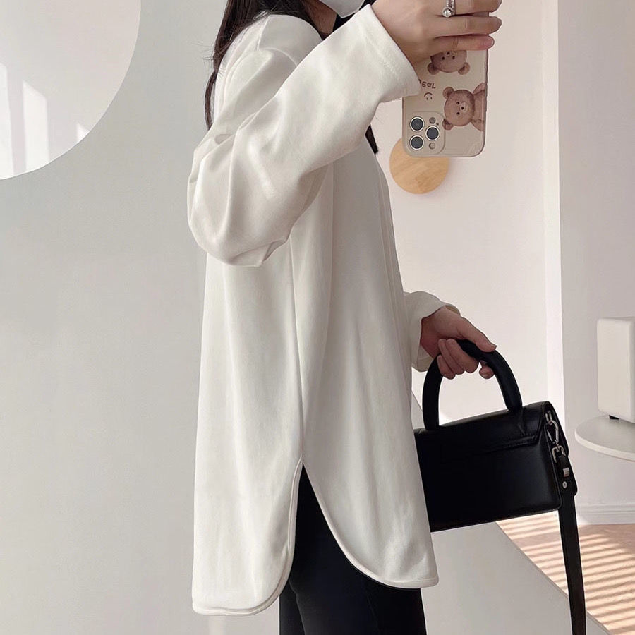 加絨t恤白色打底衫女冬季加絨加厚寬鬆大版慵懶風內搭長袖上衣服