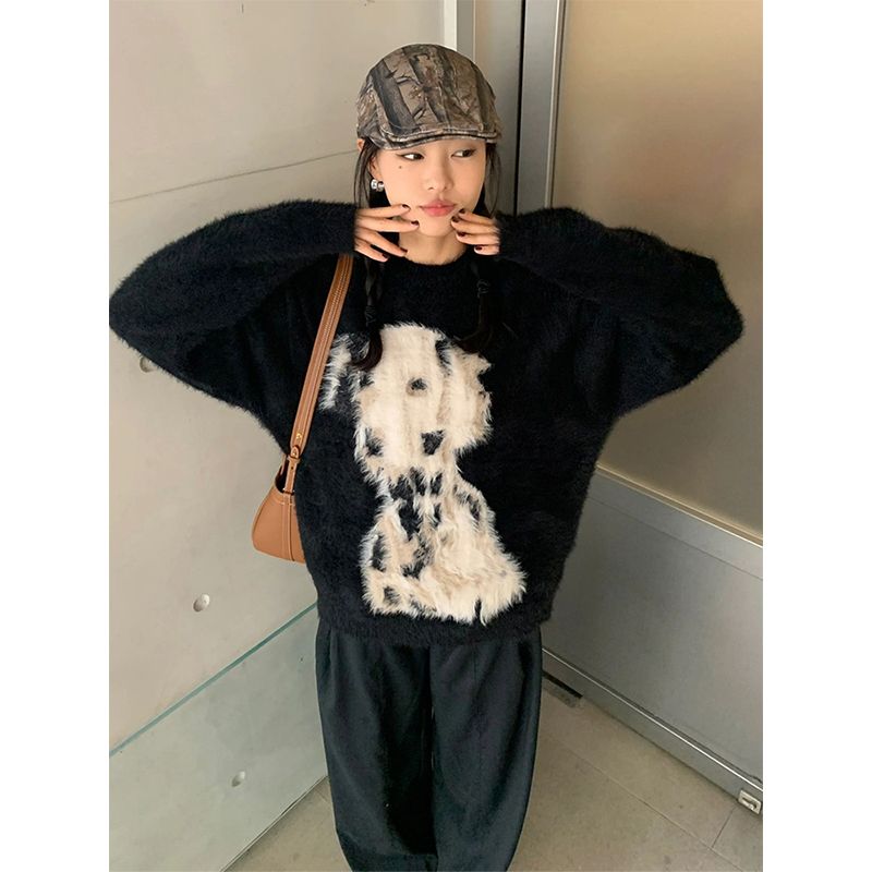 黑色仿貂毛毛衣女秋冬季加厚斑點狗提花針織衫寬鬆慵懶風長袖上衣