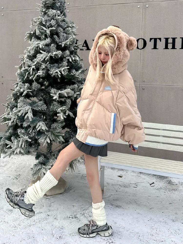 美拉德小熊連帽棉服外套女冬季小眾設計感加厚保暖百搭棉衣棉襖潮