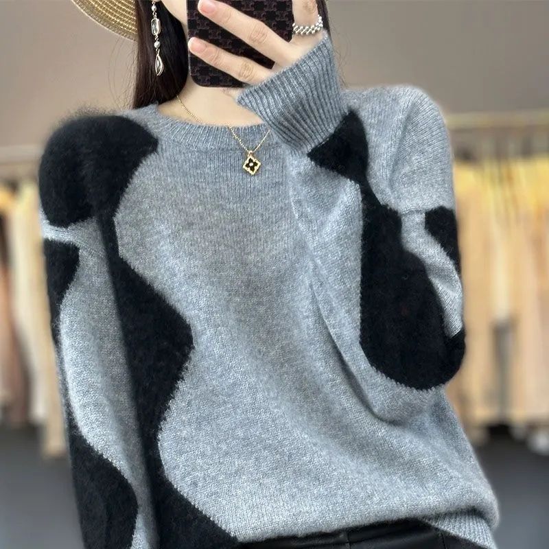 2023 new autumn and winter wool sweater women's pure wool Korean version color-blocked pullover cashmere sweater fashion bottoming shirt top