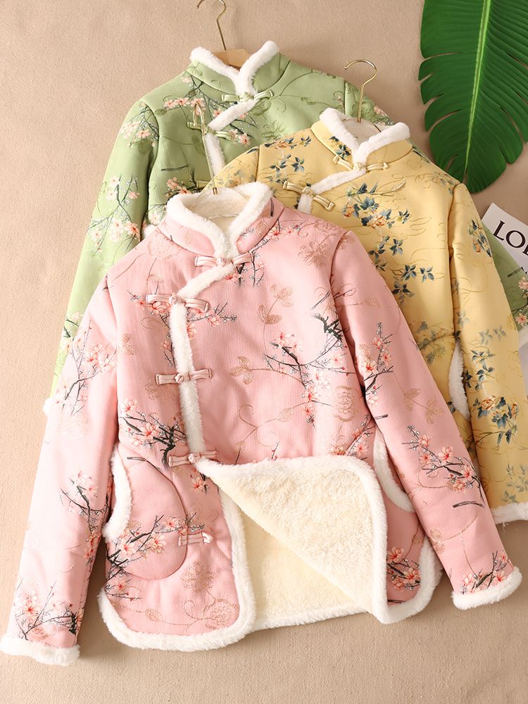 文藝風中式加厚長毛絨棉服女旗袍立領減齡刺繡盤扣棉襖冬季外套女