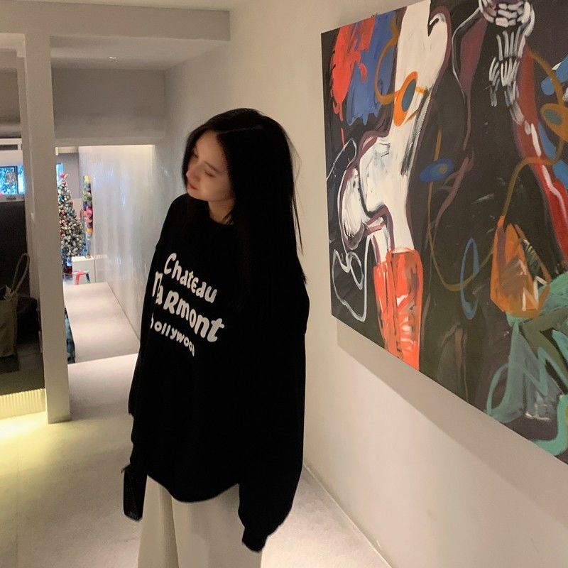 純棉重磅銀狐絨黑色衛衣女秋冬加絨加厚寬鬆oversize套頭圓領上衣