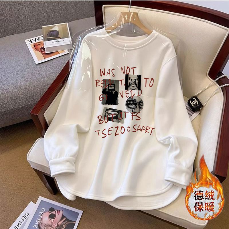 Heavyweight t-shirt white bottoming shirt for women in winter thickened loose large version lazy style inner wear with long sleeves