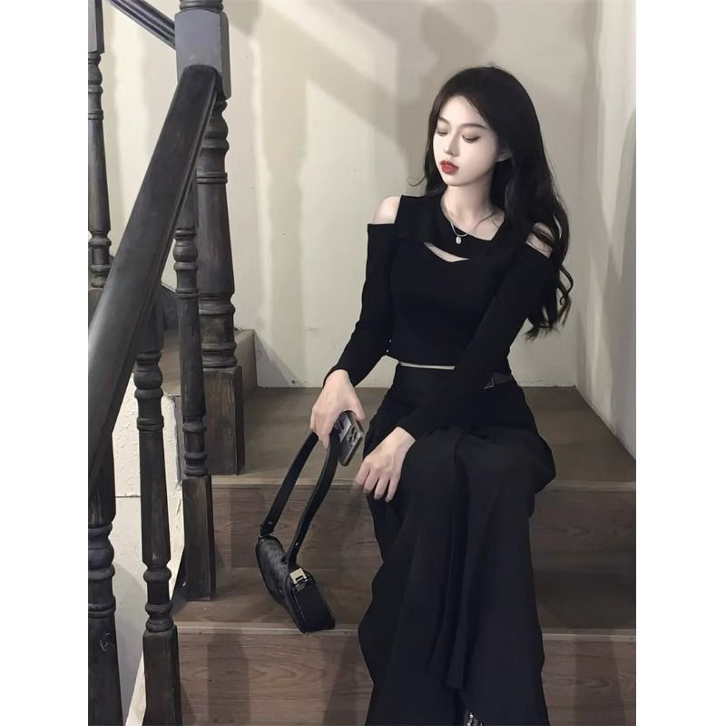 小眾設計感露肩短款黑色長袖打底衫T恤女純欲風辣妹別致上衣內搭