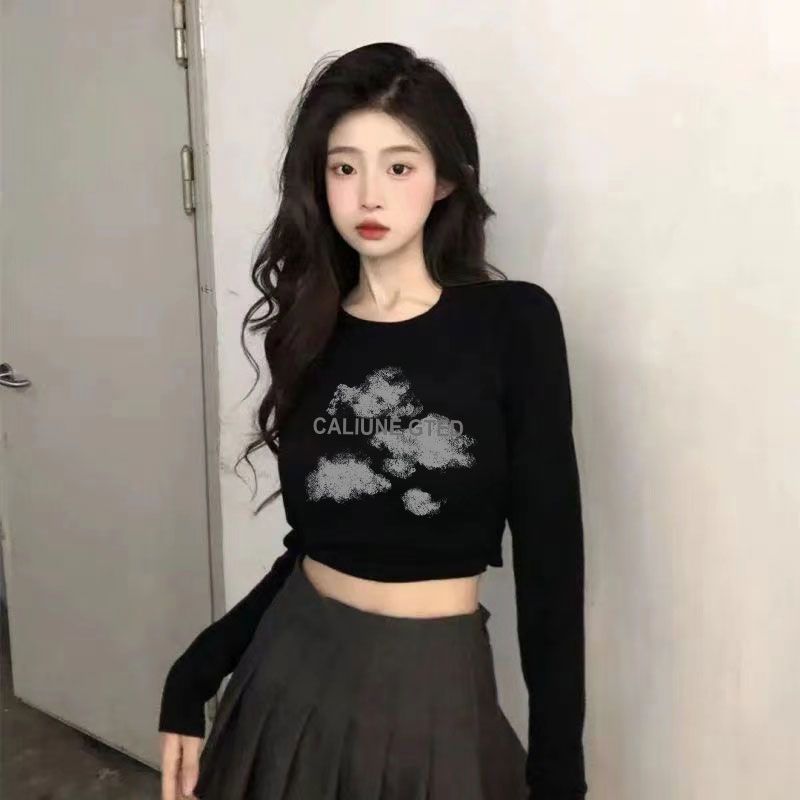 短款打底衫女黑色純棉圓領修身顯瘦2023年長袖高腰露臍上衣春夏款