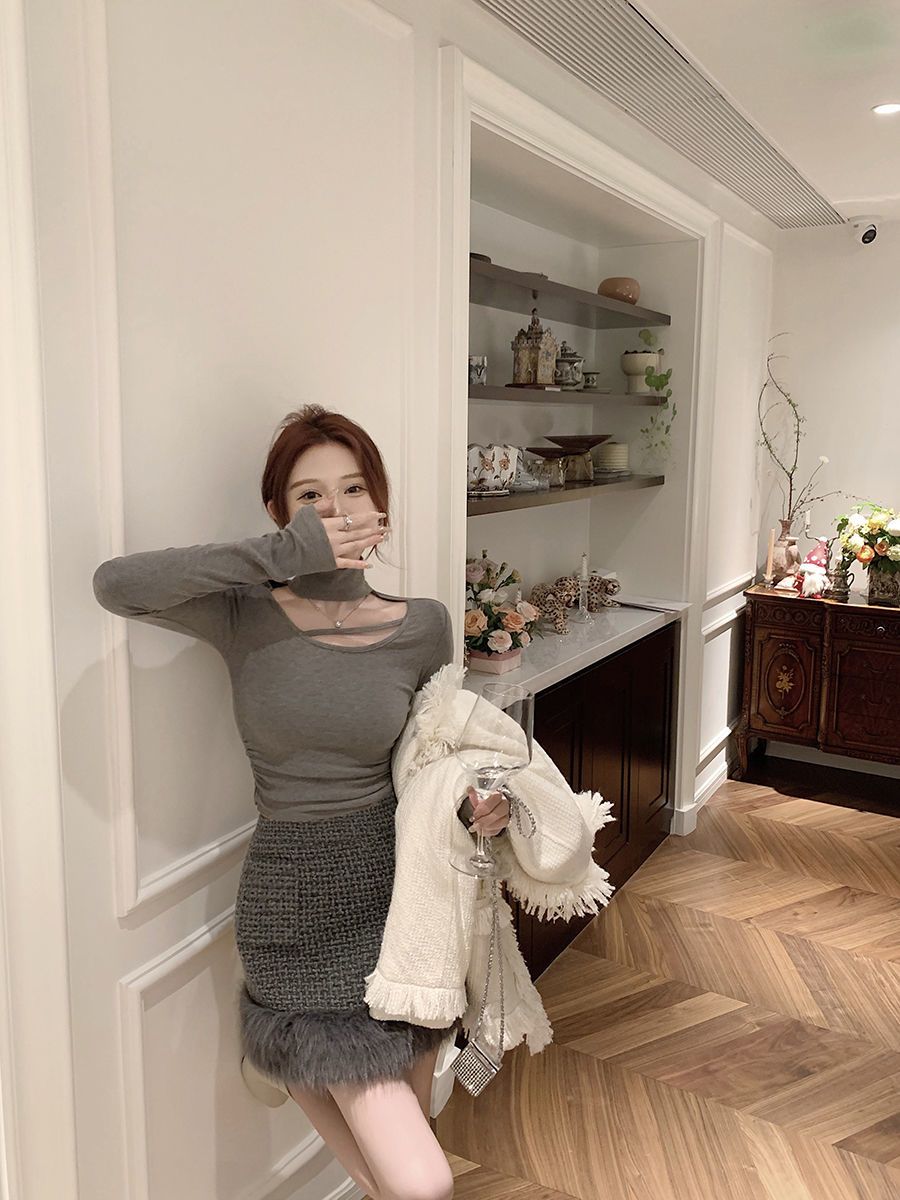 早秋百搭黑色掛脖上衣女春秋款打底衫修身設計感小眾短款長袖T恤