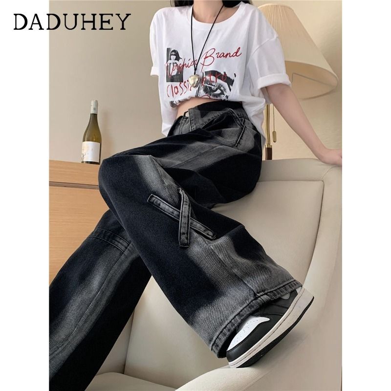 復古黑色牛仔褲女秋冬小個子漸變直筒設計感高腰顯瘦闊腿休閒褲子