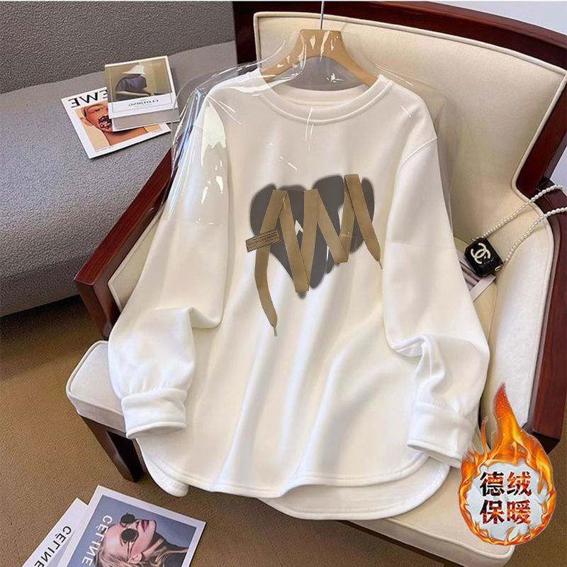 New German velvet mid-length curved hem long-sleeved T-shirt for women in autumn and winter, loose and slimming top with bottoming shirt