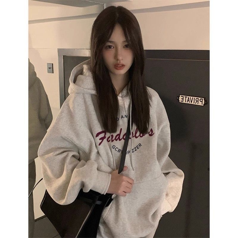 Heavyweight pure cotton silver fox velvet American high street oversize hooded sweatshirt for women in autumn and winter loose lazy style jacket