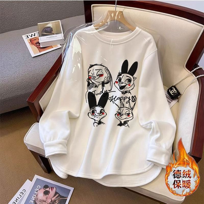 2024 new German velvet thickened brushed T-shirt women's autumn and winter loose mid-length long-sleeved top bottoming shirt