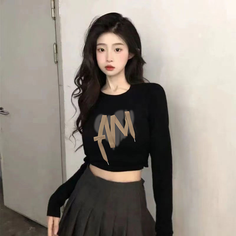 美式小眾T恤女早秋新款短款緊身內搭打底衫高腰露臍純色長袖上衣