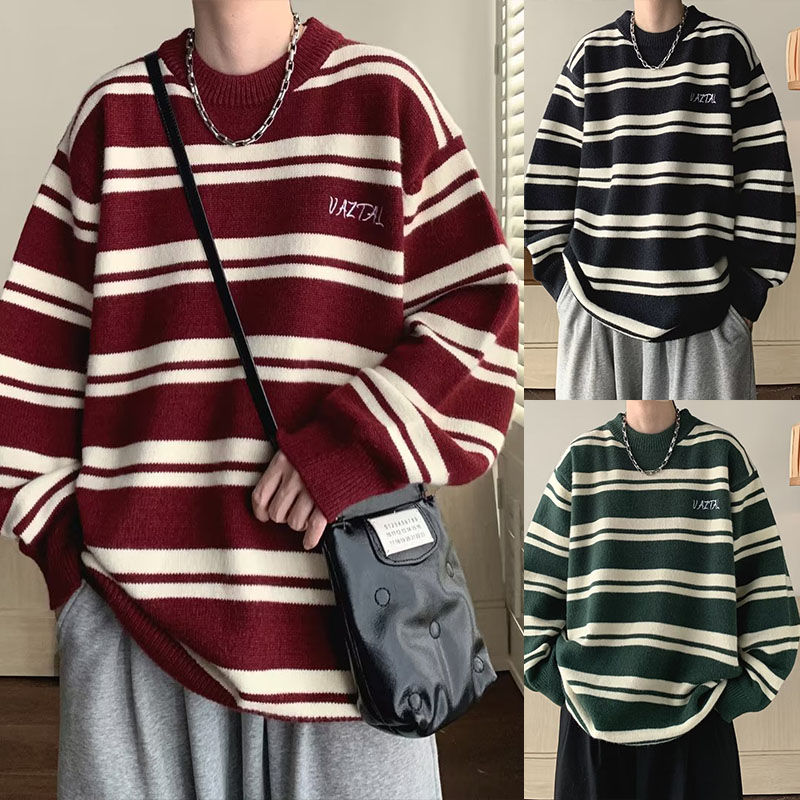 復古撞色條紋毛衣男情侶軟糯秋冬慵懶高級寬鬆ins學生百搭針織衫