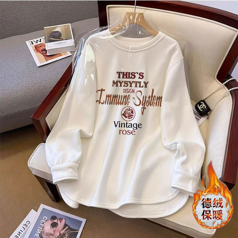 2024 new German velvet thickened brushed T-shirt women's autumn and winter loose mid-length long-sleeved top bottoming shirt