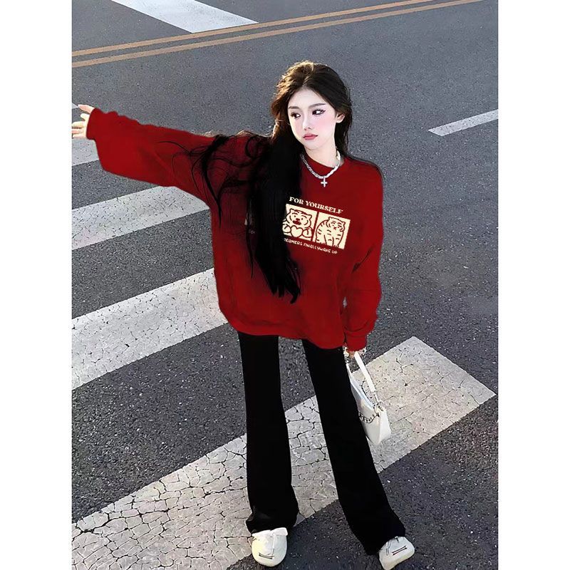 紅色衛衣女冬季新款圓領小個子慵懶風加絨加厚上衣龍年本命年衣服