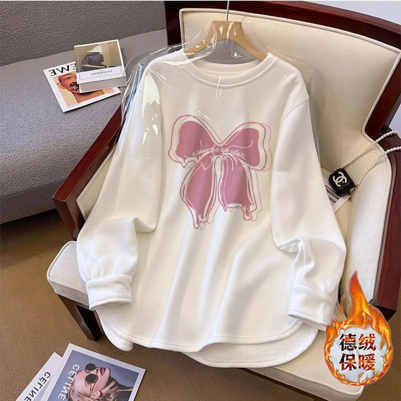 DeRong Korean style loose large size top brushed thickened long-sleeved T-shirt women's mid-length fashion versatile bottoming shirt trendy