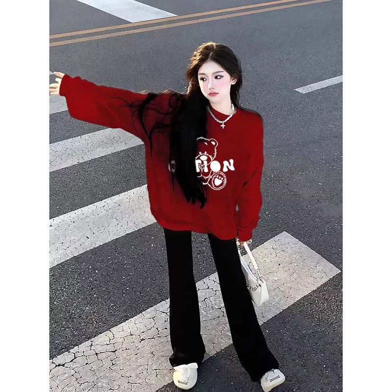 紅色衛衣女冬季新款圓領小個子慵懶風加絨加厚上衣龍年本命年衣服