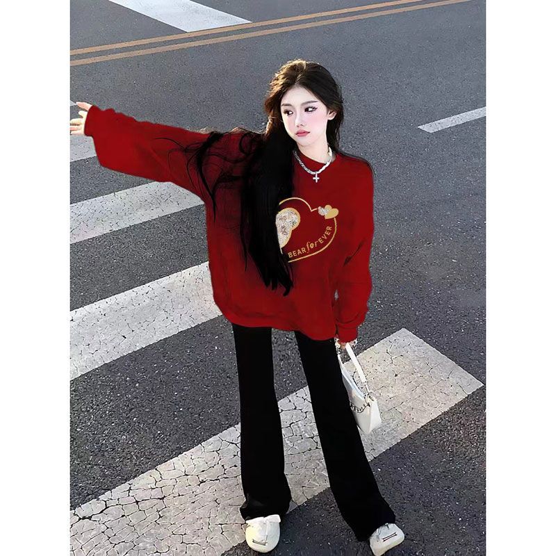 紅色衛衣女冬季新款圓領小個子慵懶風加絨加厚上衣龍年本命年衣服