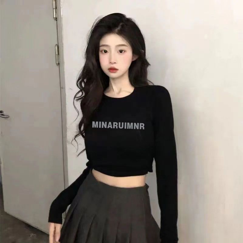 2023新款正肩短款打底衫露肚臍長袖t恤女韓版顯瘦內搭上衣潮
